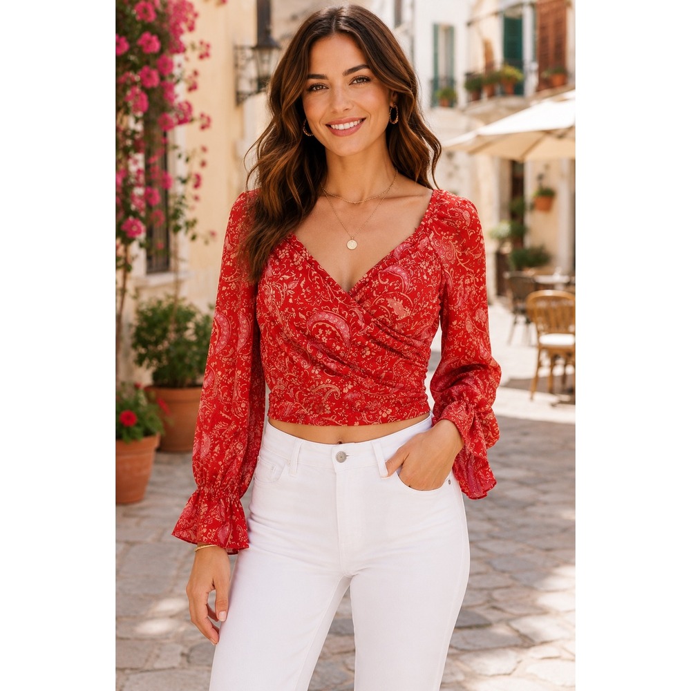 1.STATE Summer Eaze Paisley Crop Top Red Ruffle Sleeve Blouse M NWT